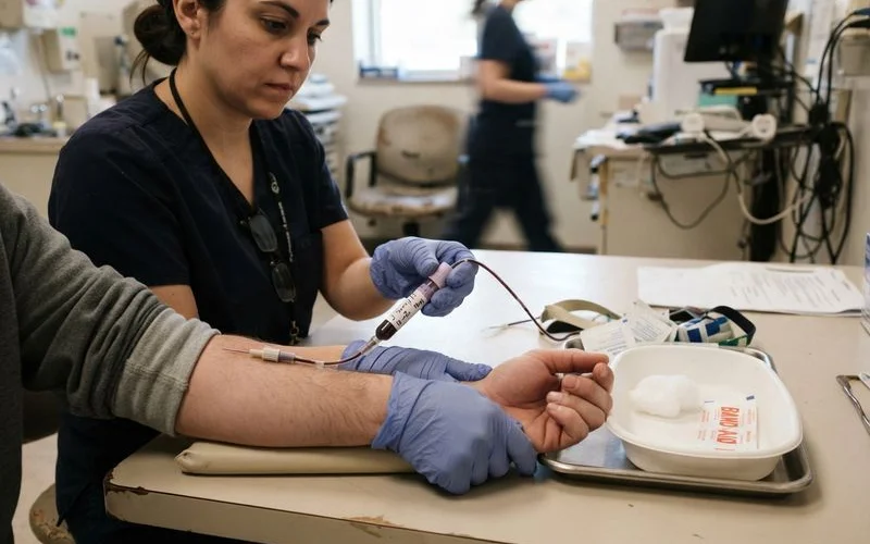 A phlebotomist drawing blood for a hormone monitoring panel in a clinical lab setting