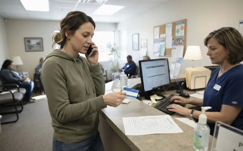 A person on the phone reviewing an insurance benefits statement at a kitchen table