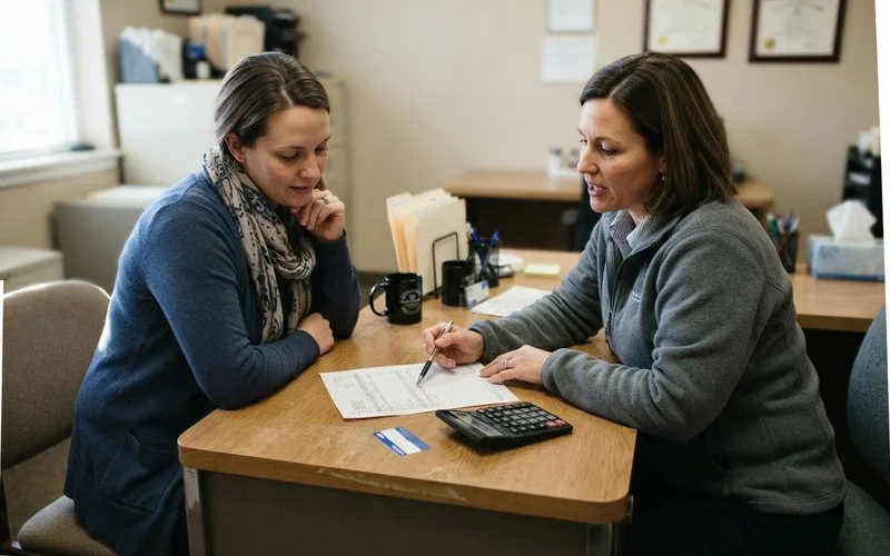 A patient reviewing a printed cost estimate with a clinic staff member at a bright reception desk