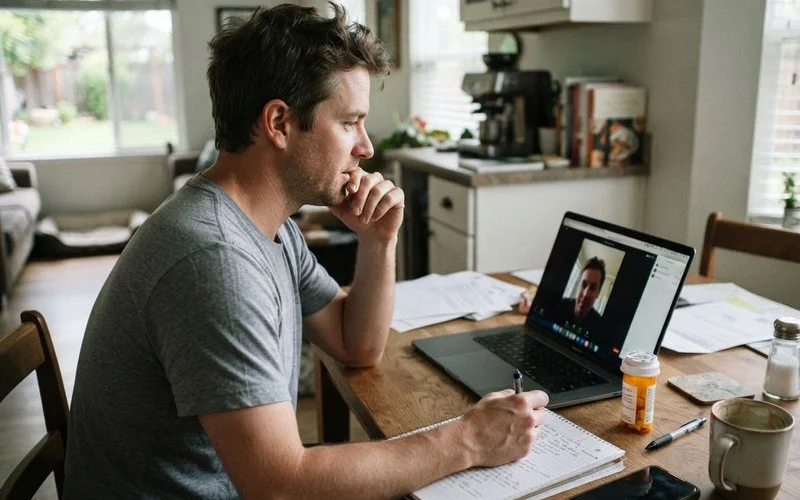 A patient having a video telehealth consultation with a testosterone therapy provider on a laptop